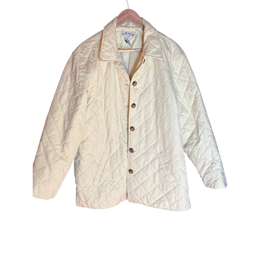 Orvis Womens XL Quilted Barn Jacket Butter Yellow Diamond Quilt Button Up Coat